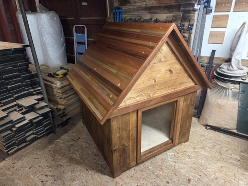 Bespoke made dog house with keroing and sapele roof. 1.6m x 1.5m x 1.2m