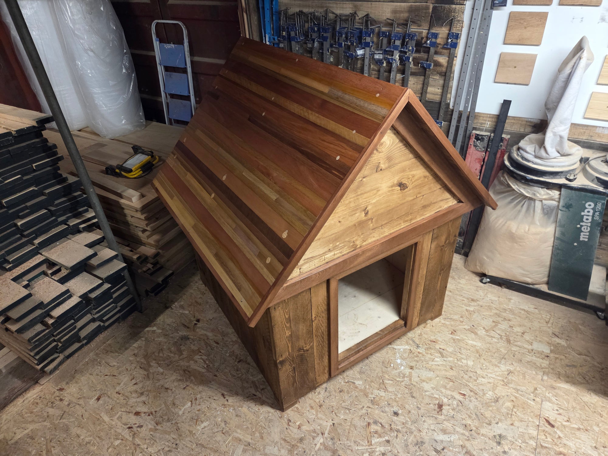 Bespoke made dog house with keroing and sapele roof. 1.6m x 1.5m x 1.2m