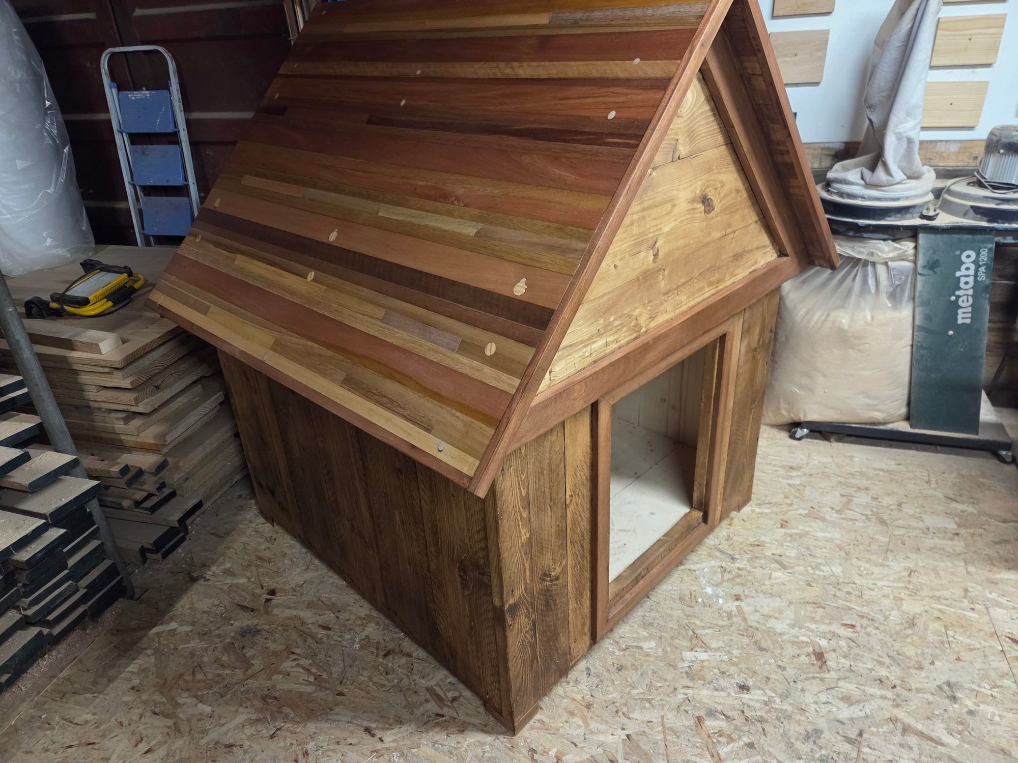 Bespoke made dog house with keroing and sapele roof. 1.6m x 1.5m x 1.2m